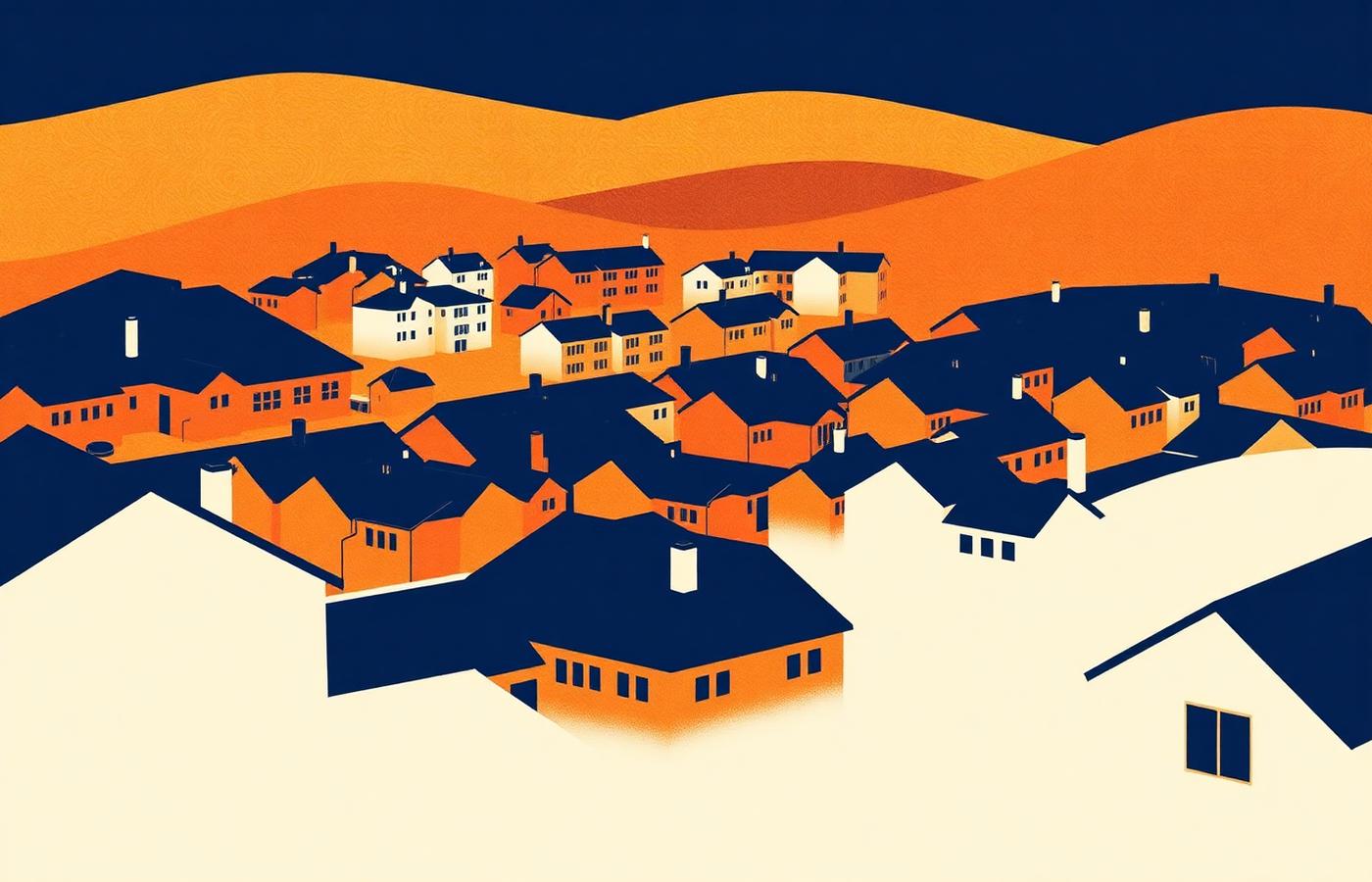 Stylized illustration of a Virginia neighborhood at dusk